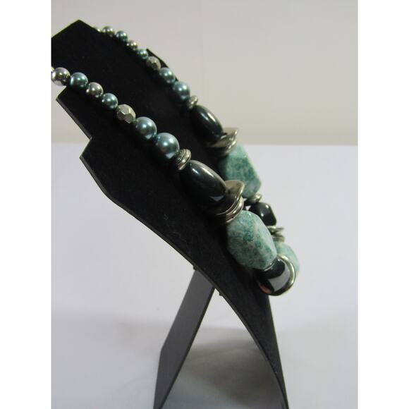 Green Silver Tone Chunky Agate Stone Collar Necklace VTG 12" Whimsical Choker - Picture 3 of 8